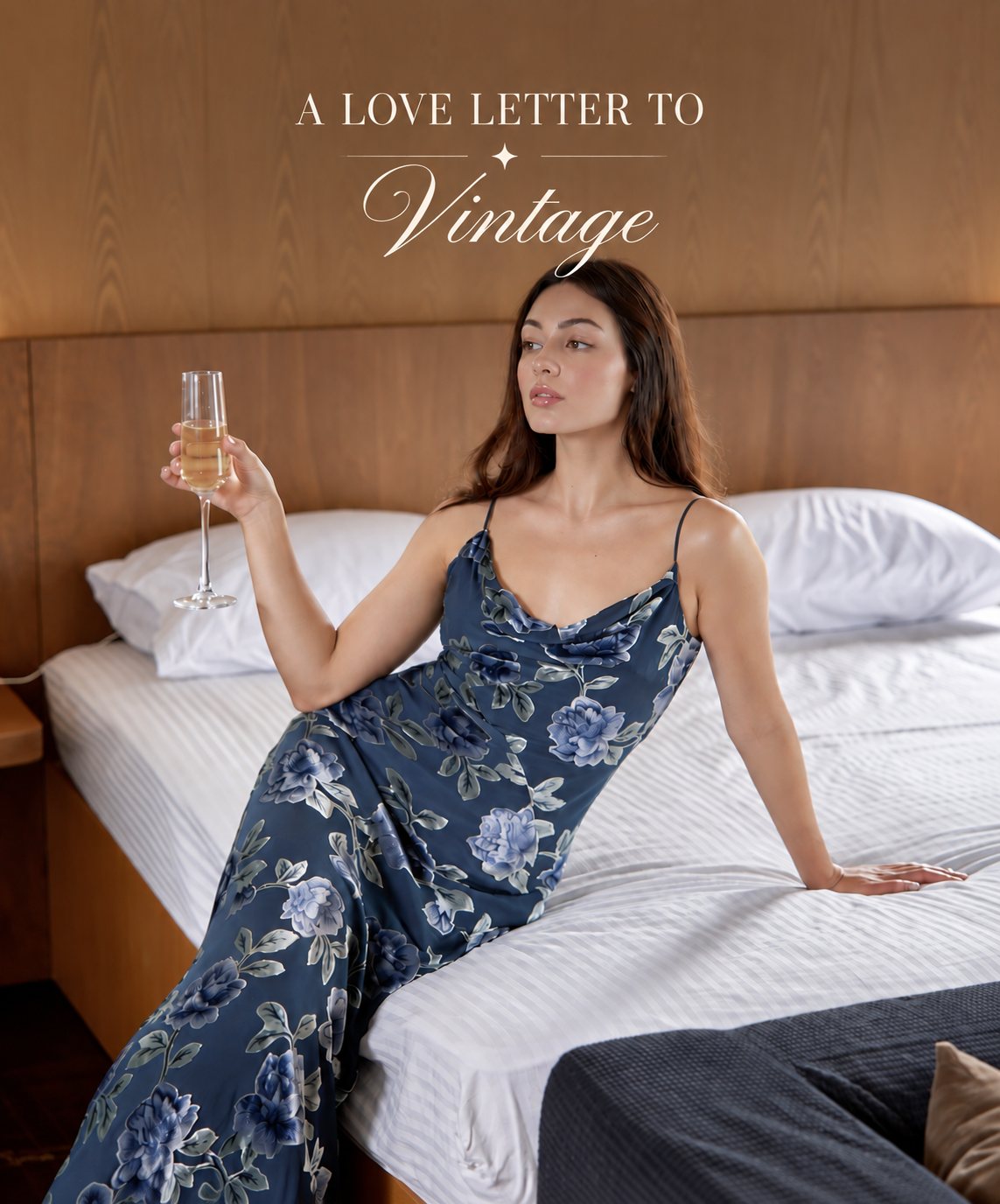 A Love Letter to Vintage: model in a blue floral vintage evening gown holding a glass of champagne